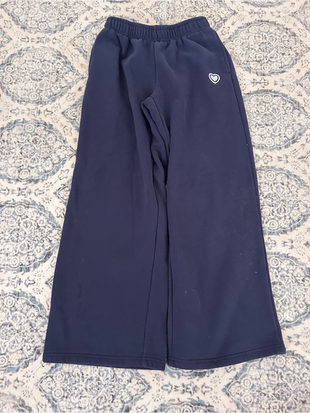 Edikted Navy Wide-Leg Sweatpants with Heart Patch